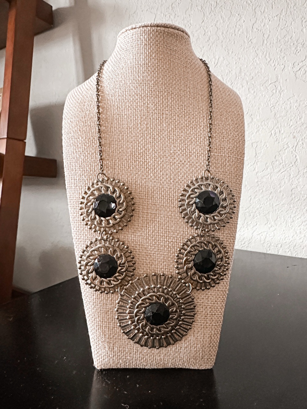 Antique Gold and Black Medallion Statement Necklace